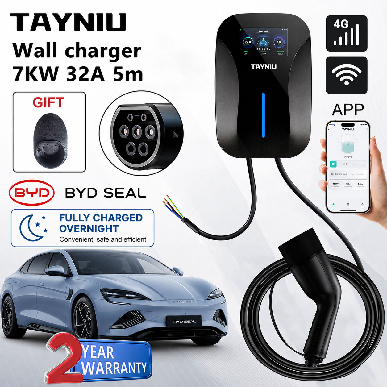 TAYNIU 7KW 32A EV 壁充電器ボックス 22KW 32A タイプ 2/タイプ 1 スマート APP 制御 5 メートルケーブル壁ボックス ルノー MG BYD すべての EV/PHEV 用
