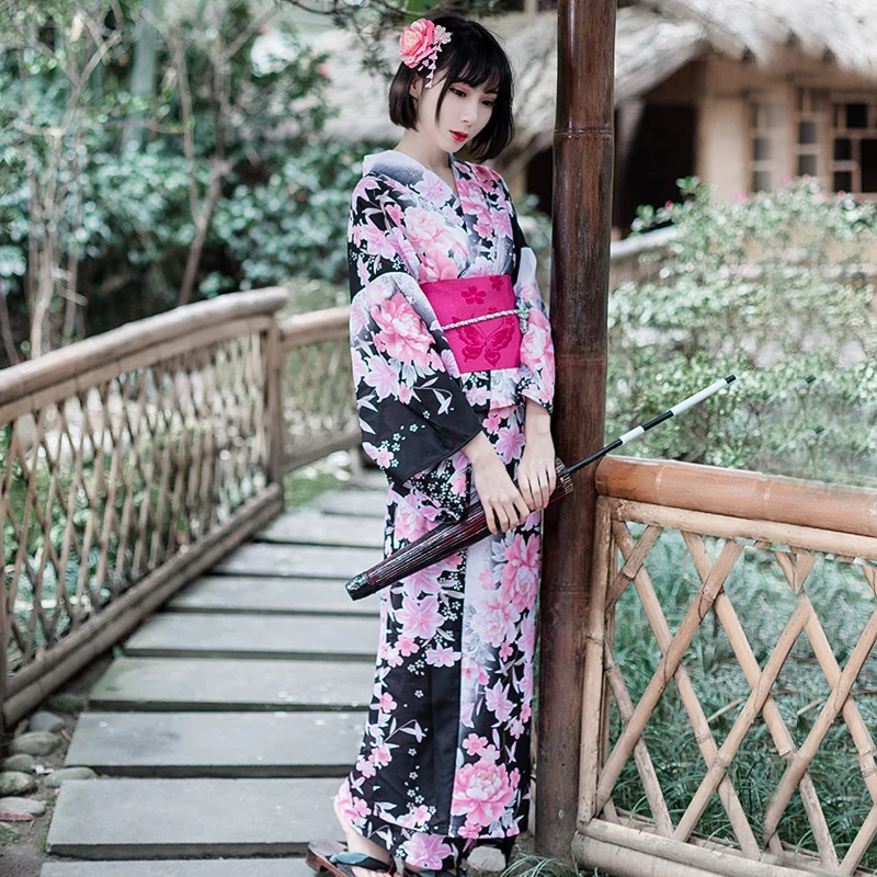 ポリエステルアジアエスニック服ピンク着物女性桜柄バスローブ日本の花火会議バスローブベルト