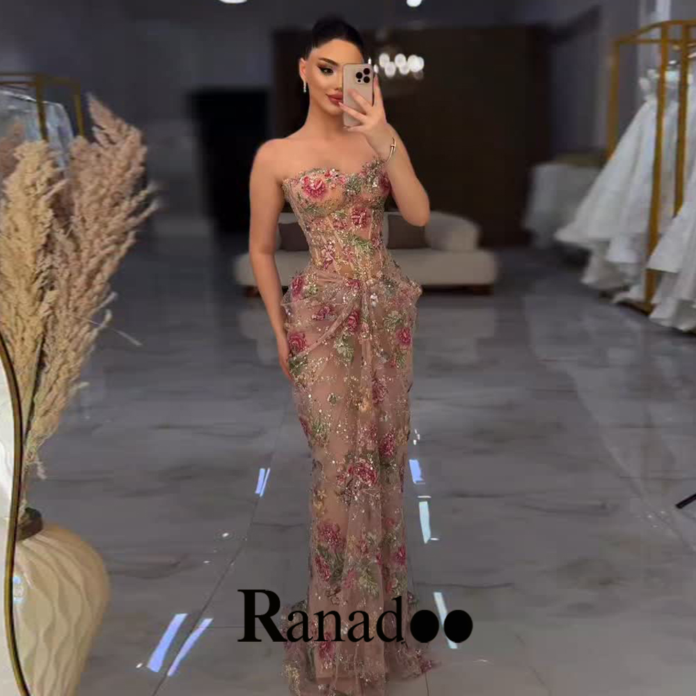 Ranadoo カスタマイズされた花の刺繍スパンコールウエディングドレス恋人ネックノースリーブフォーマルイブニングドレスvestidos de nocheマーメイド