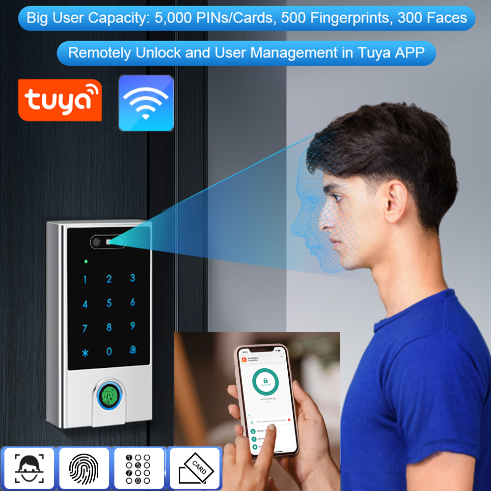 5800 ユーザータッチキーパッド顔認識指紋 WIFI アクセス制御 PIN カードドアベル通話 Tuya APP for iOS Android