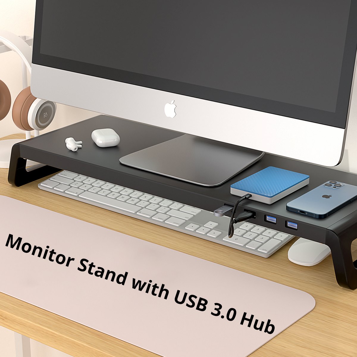 モニタースタンド 4 ポート USB 3.0 ハブ付き軽量耐久性デスクトップスクリーンノートブックライザーキーボード収納ブラックモニタースタンド