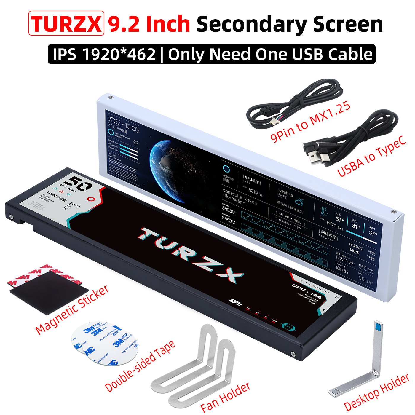 TURZX 9.2 インチ USB セカンダリスクリーン コンピュータシャーシ用 1920*462 IPS LCD Type-C ディスプレイ CPU RAM GPU HDD FPS 天気モニター