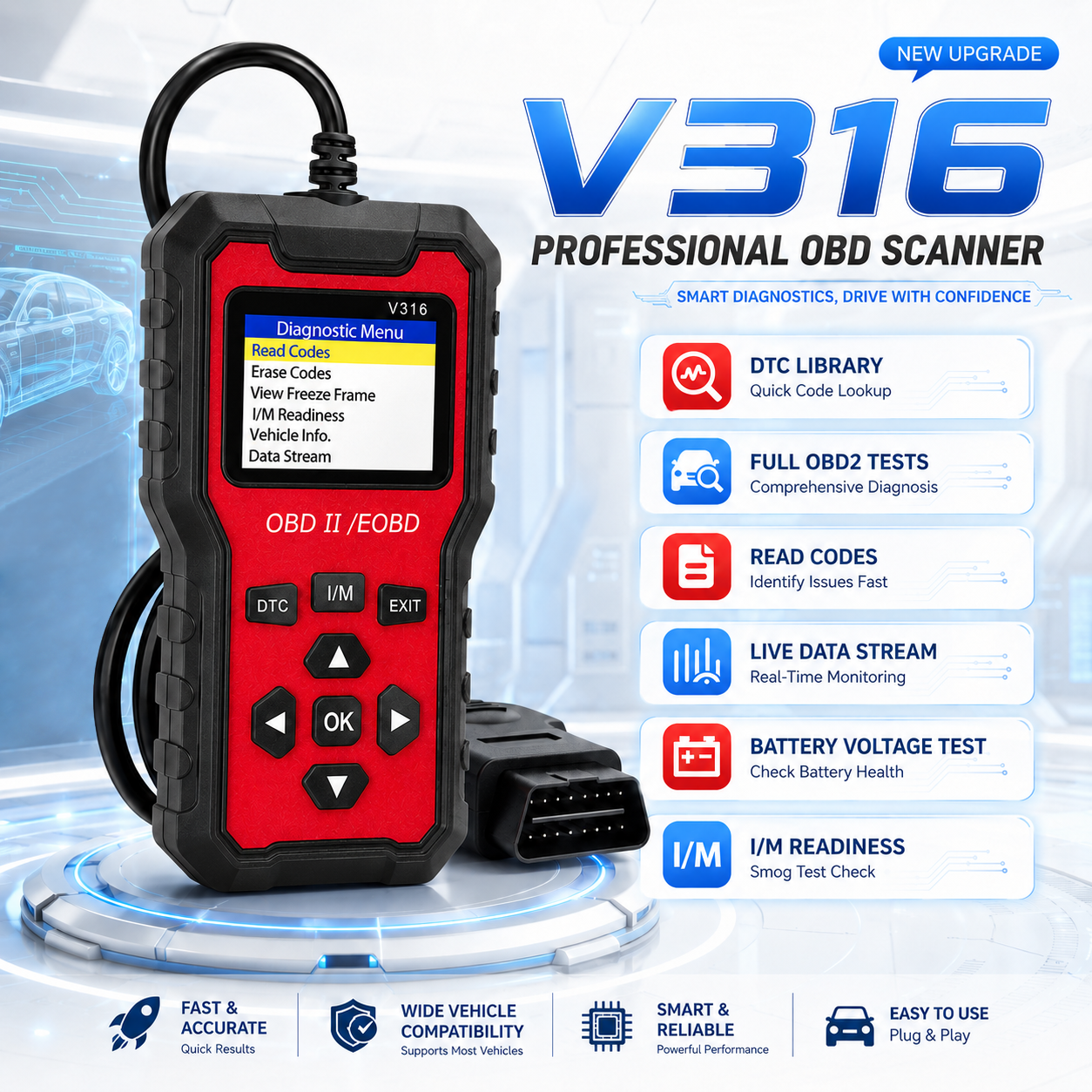 ポータブル V316 Obd2 診断ツール車のエンジンエラーコードイレーザー車両電圧モニター自動車メンテナンスツール