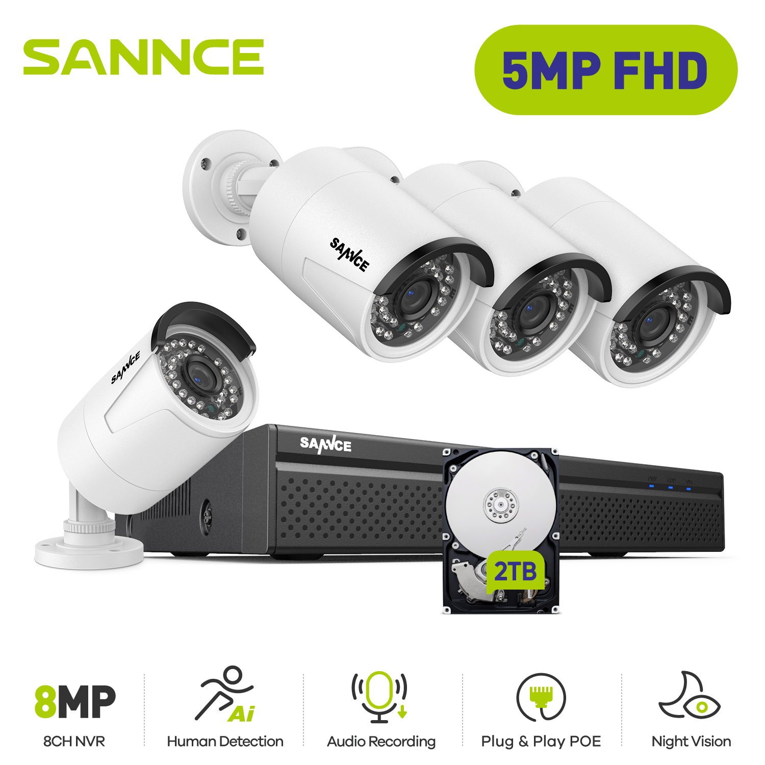 SANNCE 5MP POE ビデオ監視システムセット 8CH 8MP NVR システム CCTV セキュリティ屋外 5MP IP カメラ監視キット