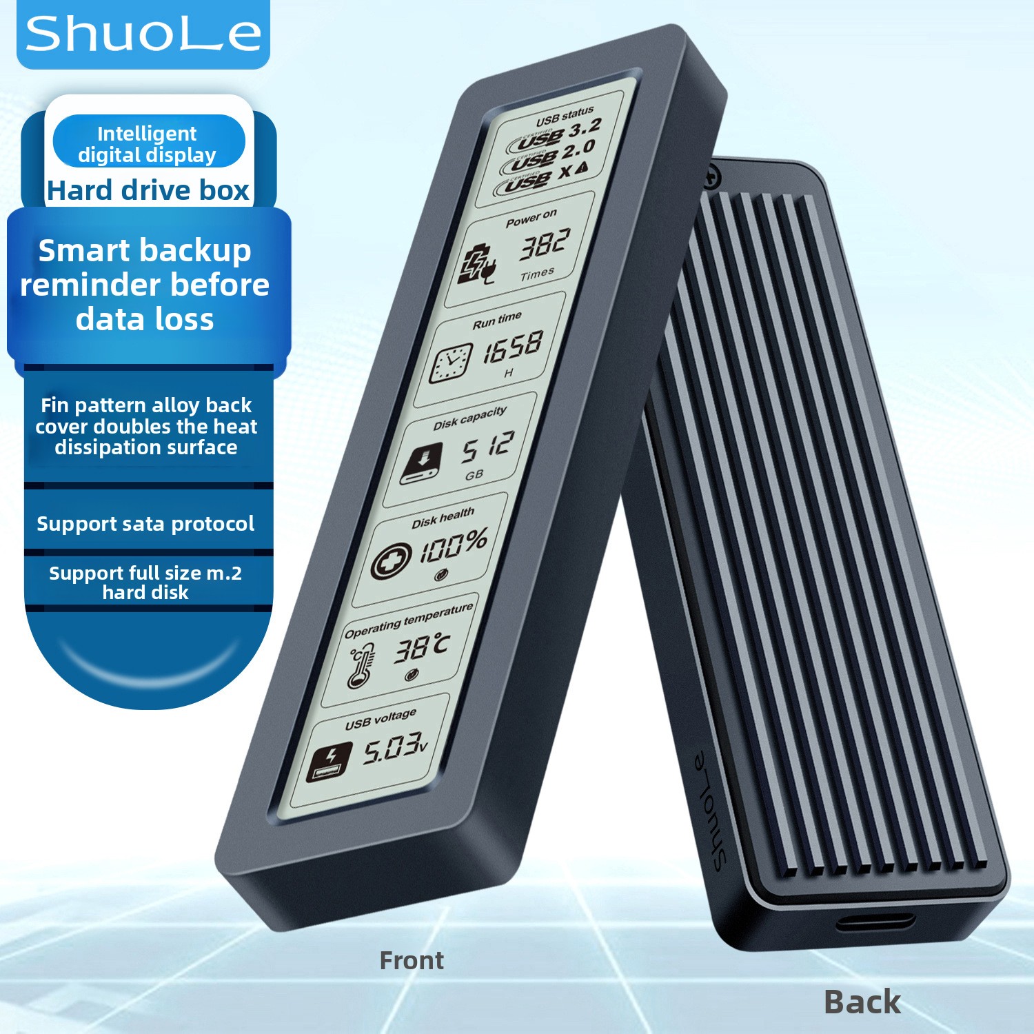 Shuole M.2 スマート スクリーン ディスプレイ SSD エンクロージャ、ユニバーサル SATA プロトコル、高速 Type-C USB 3.2
