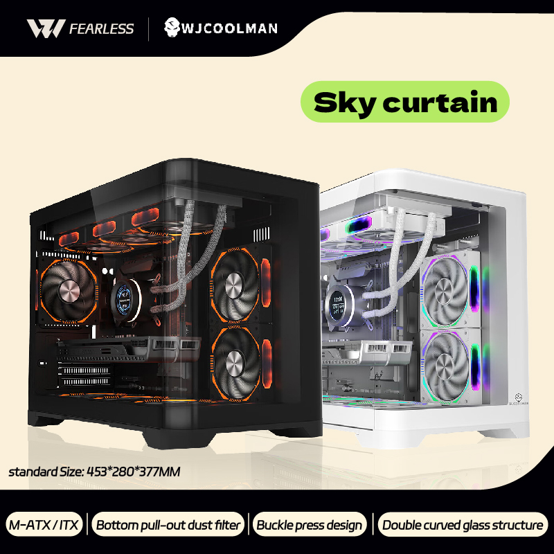 WJCOOLMAN スカイカーテンミニ MATX/ITX PC ゲームケース双曲面ガラス構造シービュールームコンピュータケース 240/360 水 Co