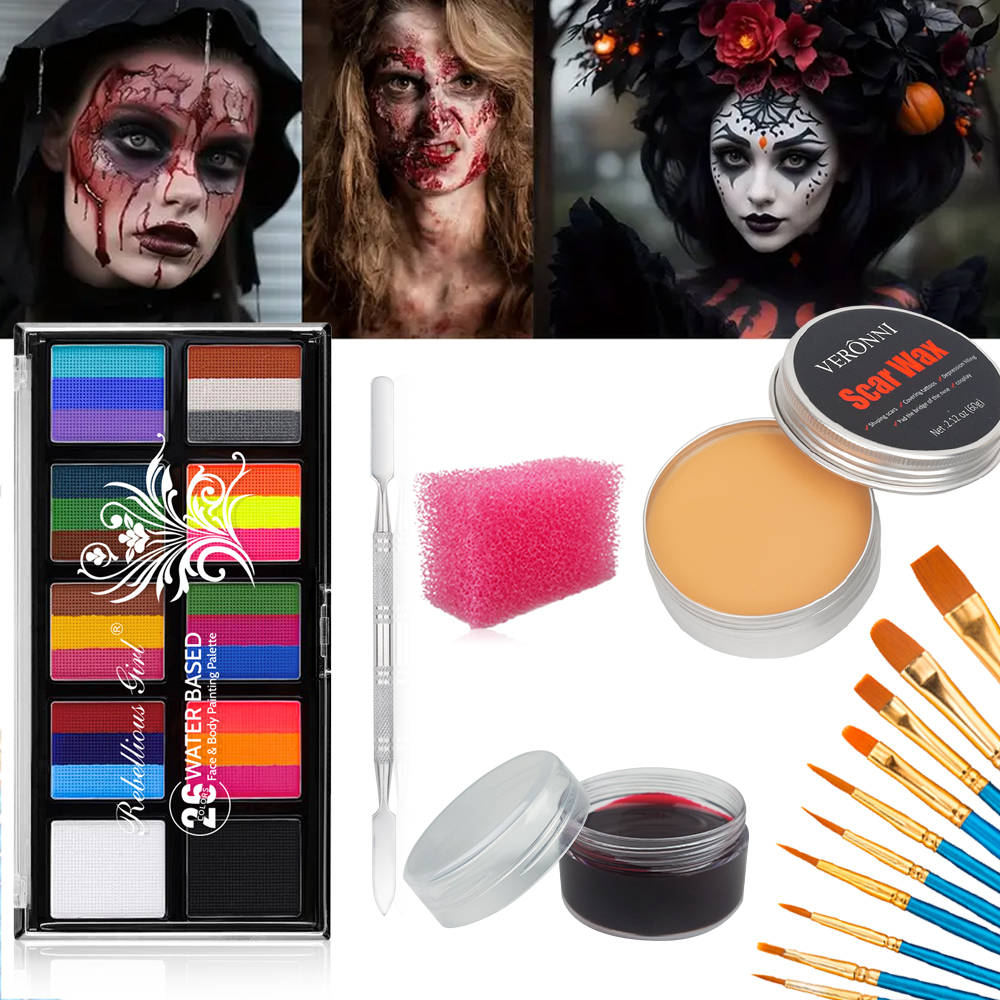 6 個 SFX メイクアップセット 26 色顔ボディペイント特殊効果ハロウィンパーティー傷跡ワックスメイクアップスパチュラスポンジプラズマ