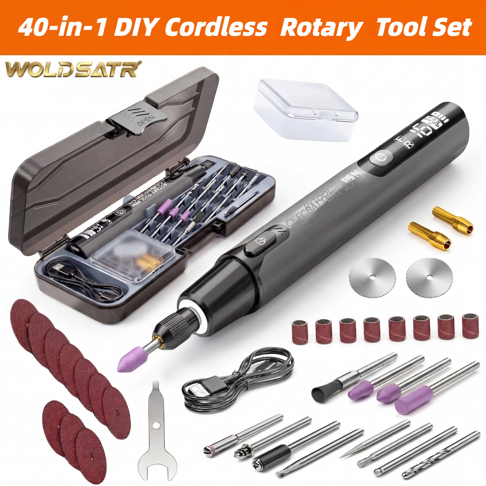 WOLDSATR 40-in-1 ハンドヘルド ミニ コードレス ロータリー ツール キット、6 可変速度 USB 充電式、LED ライト付き