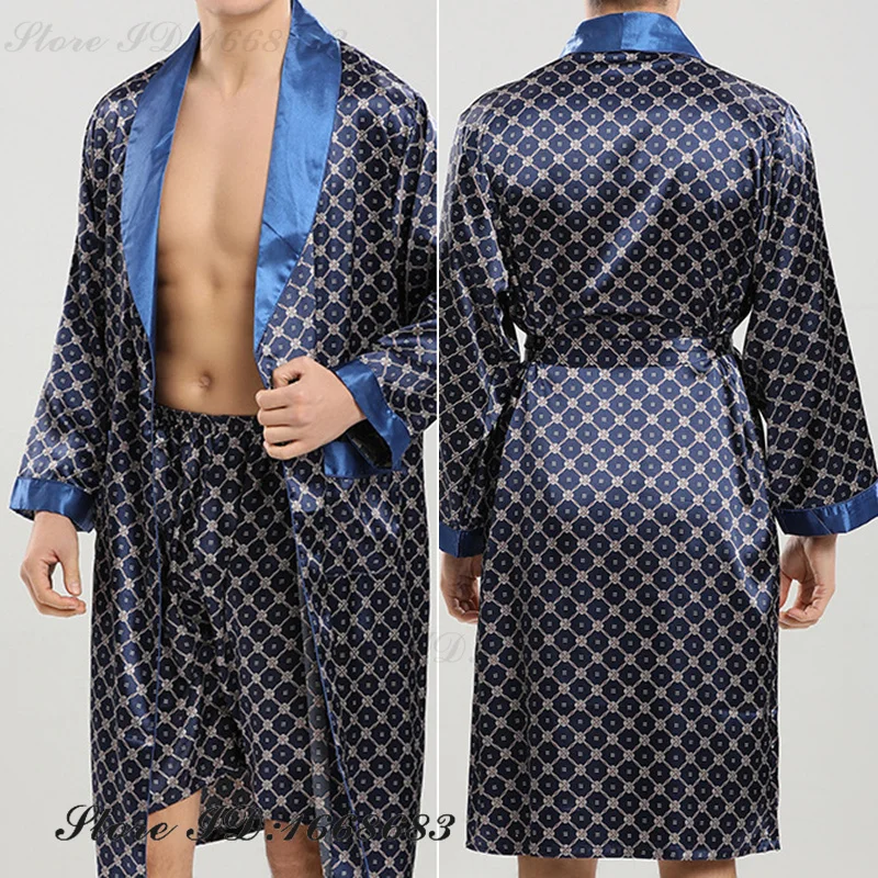 プラスサイズ 3XL ローブパジャマセット春夏の新男性着物バスローブガウンパジャマルーズカジュアルシルクサテンホームウェア部屋着
