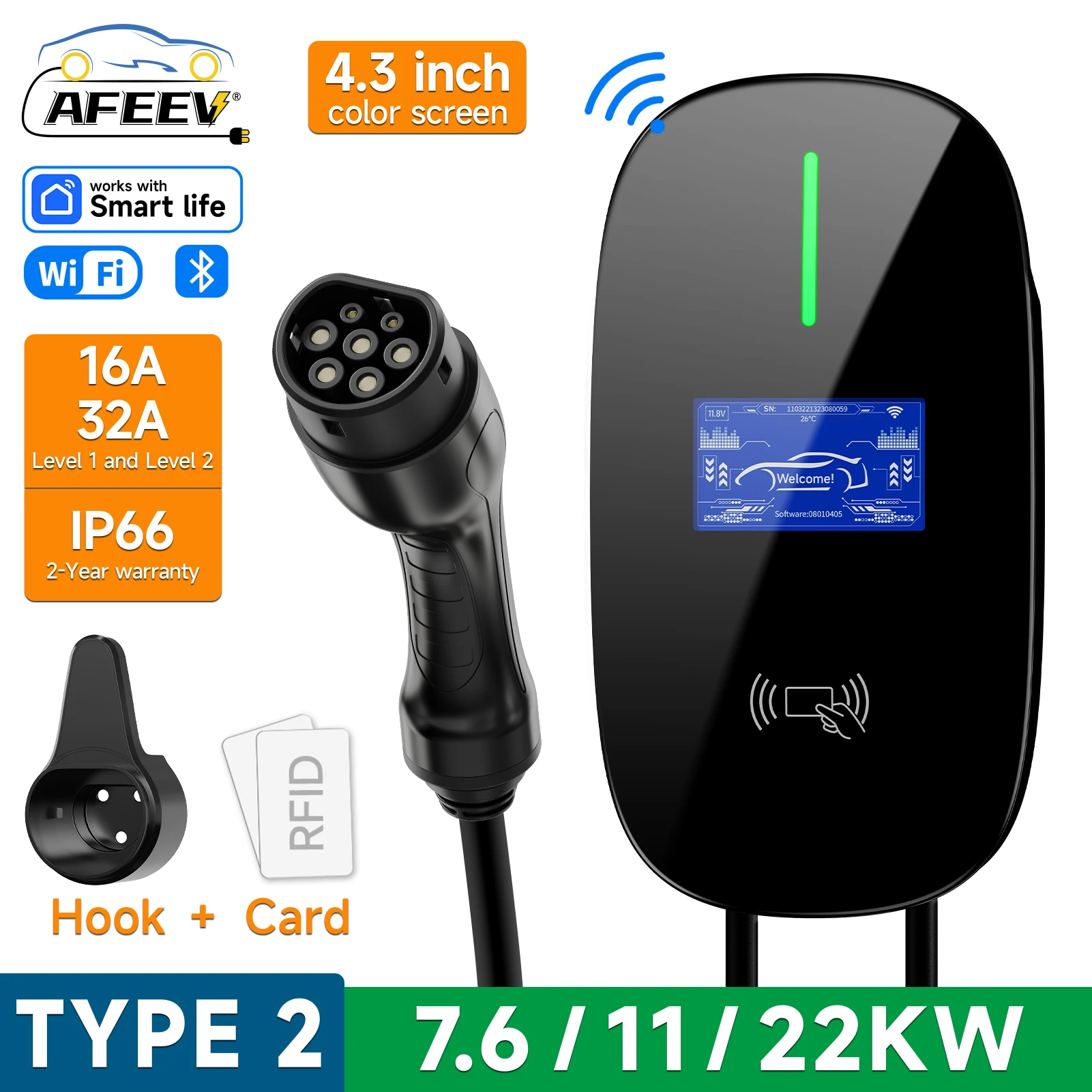 AFEEV 22KW 32A 3 相 EV 充電ステーション Type2 IEC62196-2 CEE プラグ 7.6KW/11KW 16A ウォールボックス壁掛け充電器 WiFi APP 制御