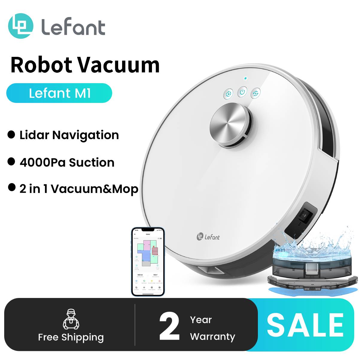 Lefant M1 LDS ロボット掃除機、マルチプレーンマッピング、4000Pa 吸引、スケジュール、アプリ/Alexa コントロール、ペットの毛用