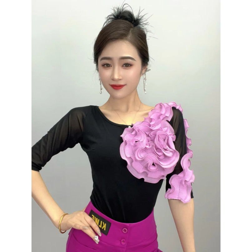 新しいモダンダンス衣装女性のラウンド Ne ビッグフラワーアームラップスクエアダンストップ弾性夏 irt ポリエステル生地