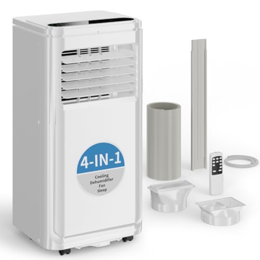 寝室用ポータブル AC: 10,000 BTU、4-in-1 冷却/ファン/除湿機/スリープ モード、白いプラスチック ハウジング、静音動作