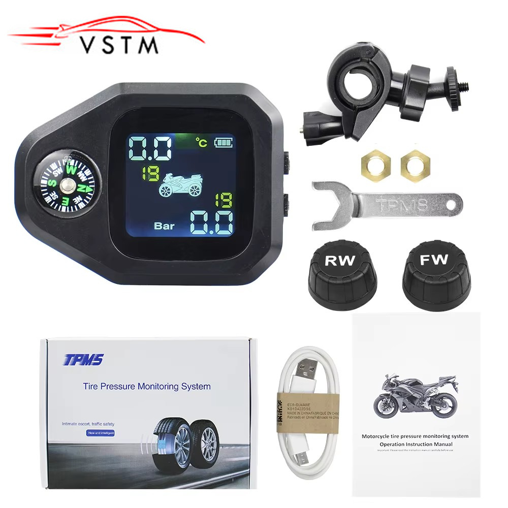 2025 USB Solar Charging Motorcycle TPMS Motor Tire Pressure Tyre Temperature Monitoring Alarm System with 2 External Sensors