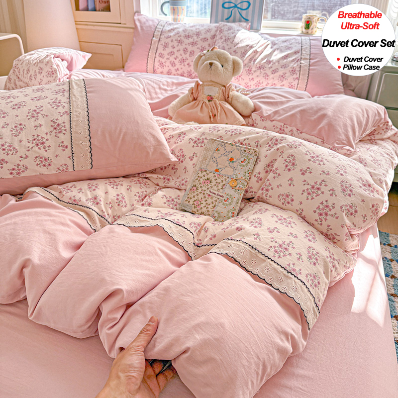 French Romantic Style Pre-washed Lace Bedding Set Duvet Cover Set Pillowcase Quilt Cover Hypoallergenic Fade Resistant