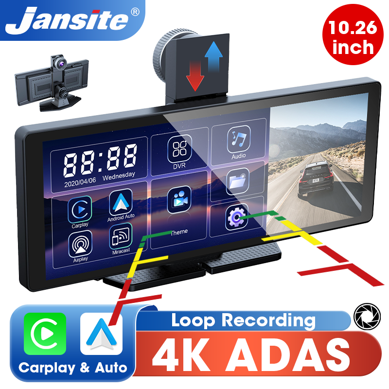 Jansite 10.26インチ 4K 車 DVR ADAS ダッシュカム ワイヤレス CarPlay Android 自動 Bluetooth 5G WIFI バックビューカメラ ドライブレコーダー ダッシュボード