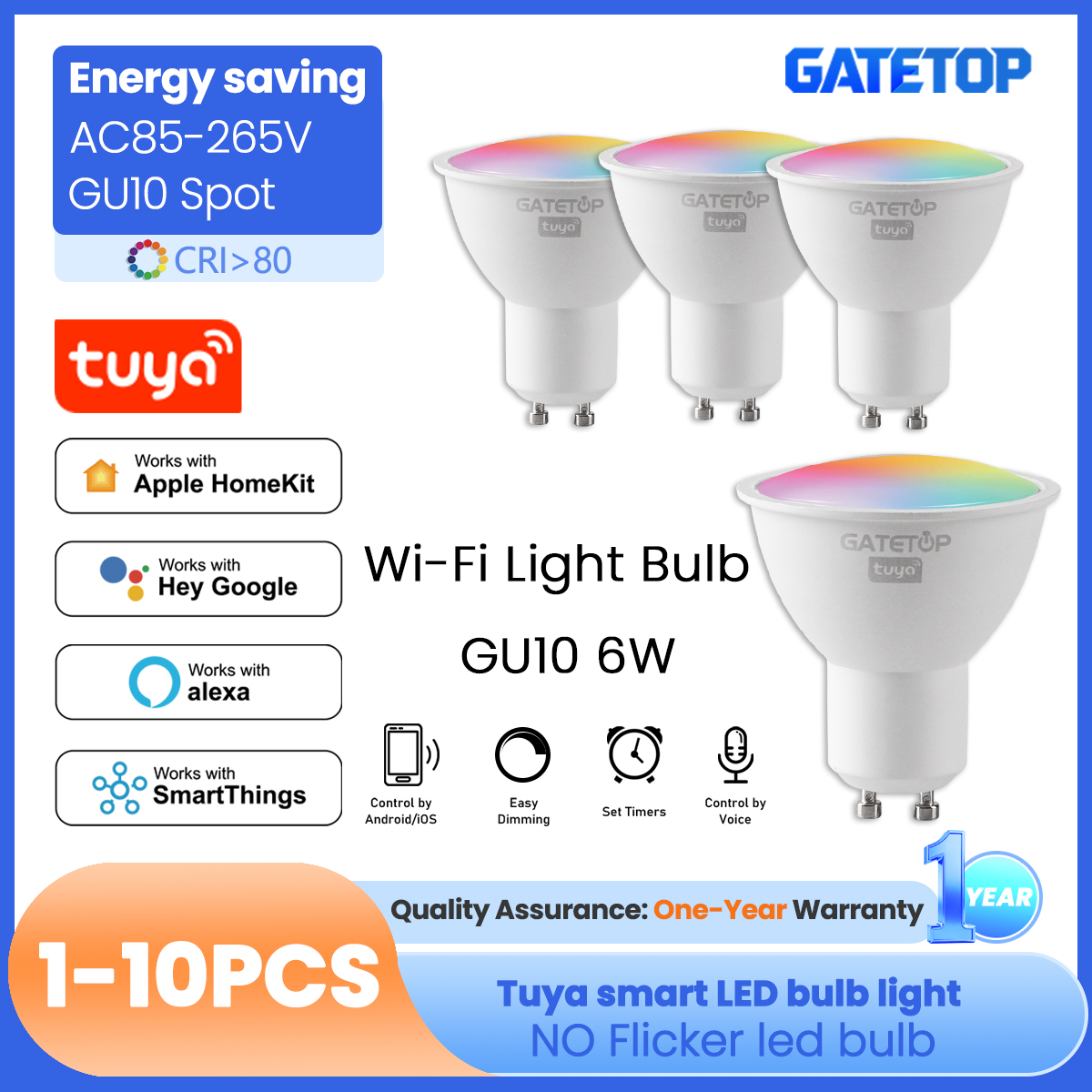 1-10PCS Tuya WiFi GU10 LED Spotlight Smart Light Bulb Dimmable 1-100% Lamps Smart Life App Control Works with Alexa Google