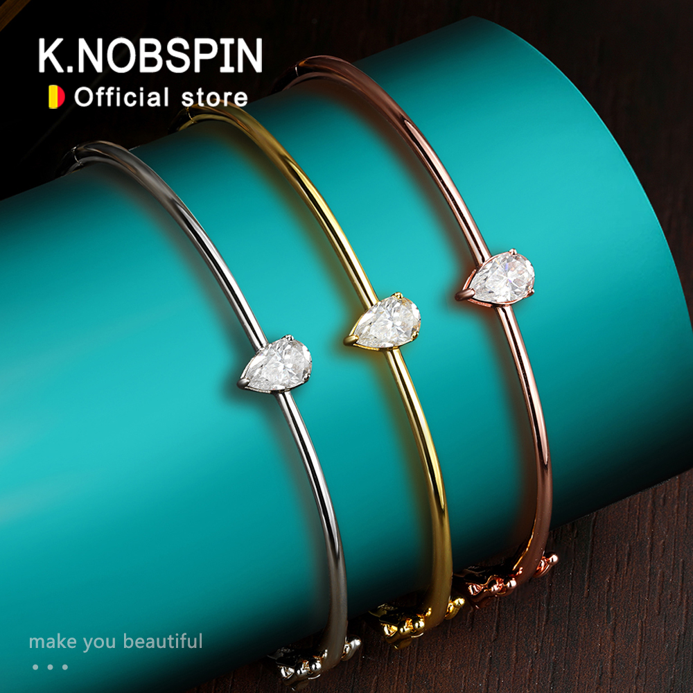 KNOBSPIN 1CT ペアカットモアッサナイトバングル女性用 GRA 認定 D VVS1 ラボダイヤモンド 100% s925 スターリングシルバーウェディングブレスレット