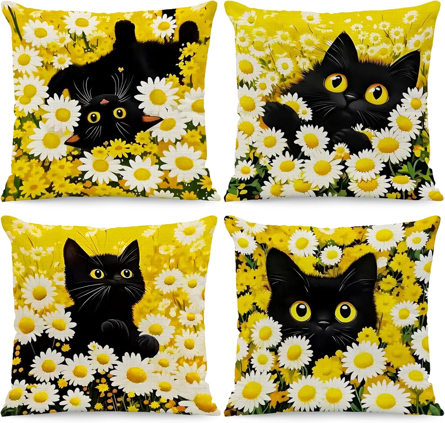 4 個黒猫デイジーフラワープリント枕カバーポリエステルクッションケース 2D フラット印刷枕カバーかわいい家の装飾猫ファンギフト
