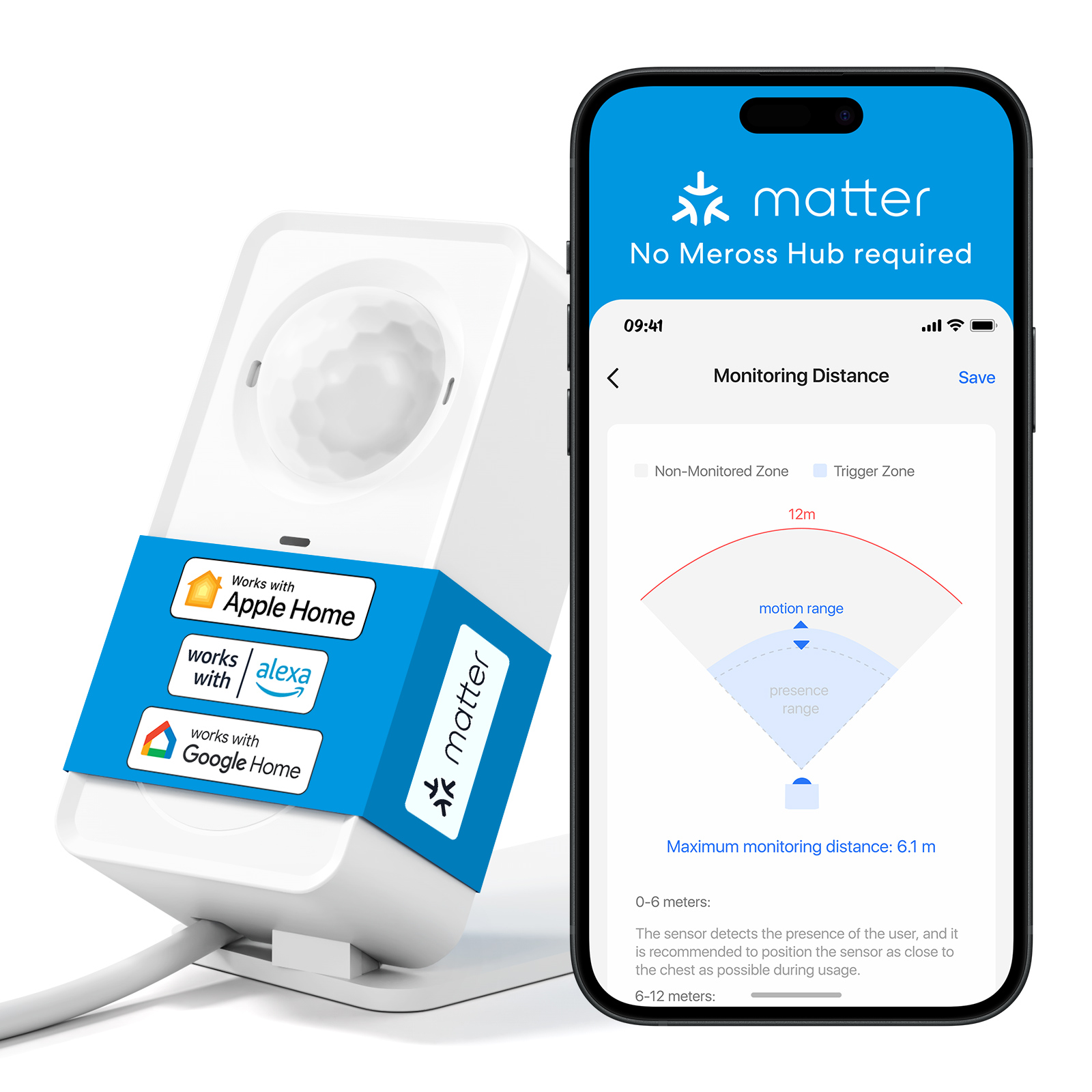 Meross EU/米国問題 WiFi 人体存在センサー MS600 レーダー探知機輝度/距離検出センサースマートホーム用