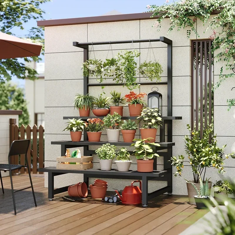 階層型ディスプレイ植物ラック棚ユニバーサル屋外メタルスクエア植物ラック棚高級ブラック Plantenrek バルコニー家具