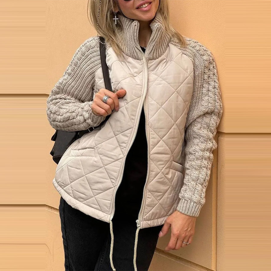 Women's Zipper Knitted Cardigan Cotton Padded Jacket Autumn Winter Lightweight High Neck Long Sleeves Warm Quilted Outerwear