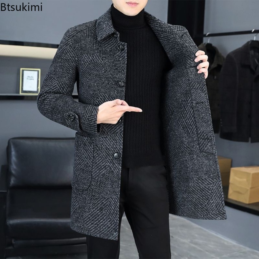 2026 New Men's Fashion Lapel Slim Single Breasted Trench Coats Mid-Length Double Side Woolen Overcoats Autumn Winter Men Clothes