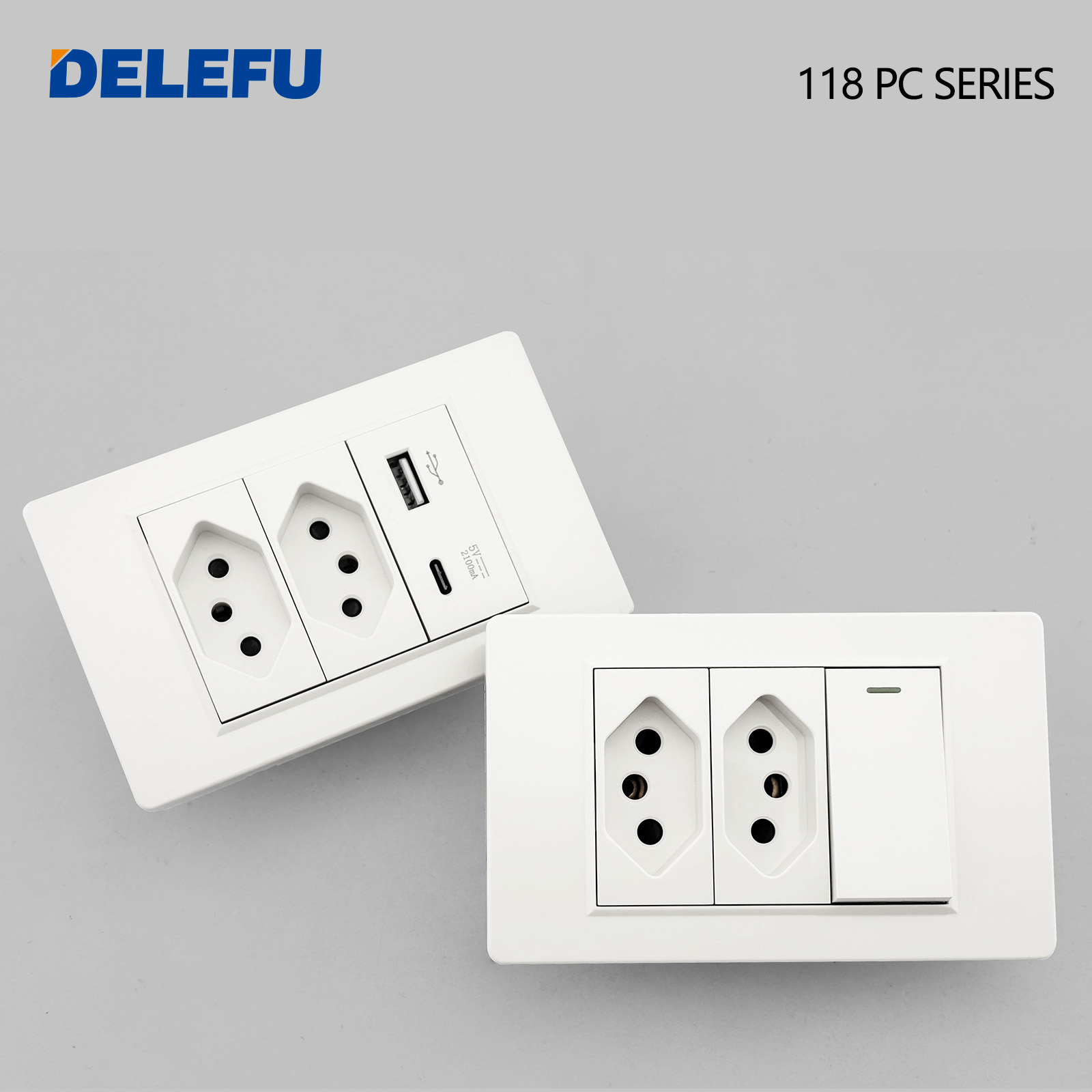 DELEFU ホワイト PC パネルブラジル標準ソケットデュアル USB C タイプ壁電源ソケット照明スイッチ家電プラグ 10A 20A