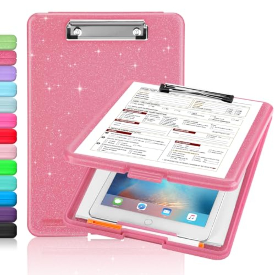 グリッタークリップボード ストレージ付き、かわいいクリップボード 8.5x11 ストレージ付き、キラキラプラスチッククリップボードフォルダー、女性用、ナースアクセサリー