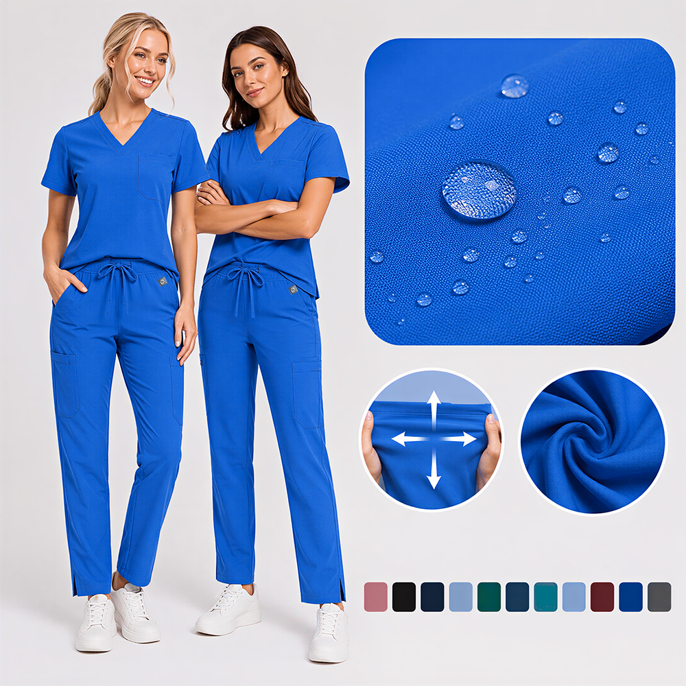 Women Surgical Scrubs Set Antibacterial Medical Uniform Top with Pant Suit Softness Wrinkle-Resistant Waterproof Workwear