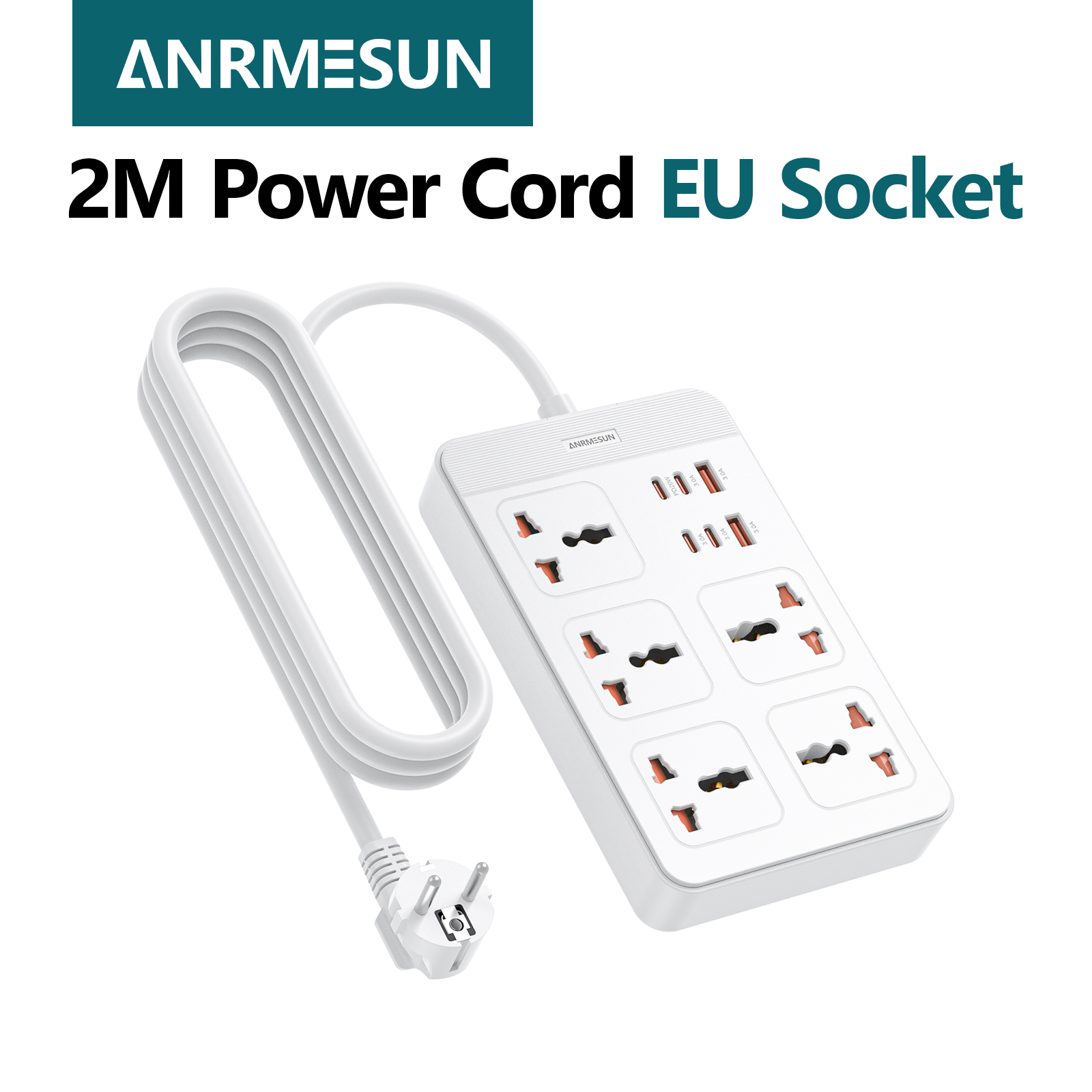 Universal Power Strip with 2M Extension Cord EU Plug 5 AC Outlets 4 Type-C And 2 USB PD 20W Fast Charging Safety Electrical Sock