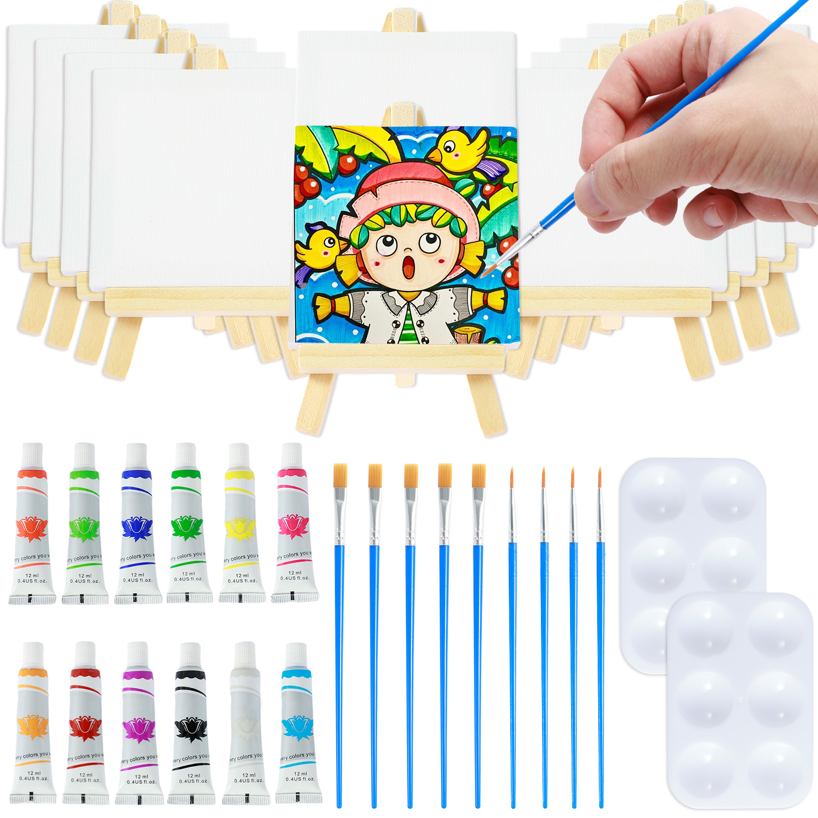 34 個ミニキャンバスとイーゼルセット、アクリルペイントパレットペイントブラシ付きミニキャンバス絵画キットクリエイティブ小さな絵画キャンバス