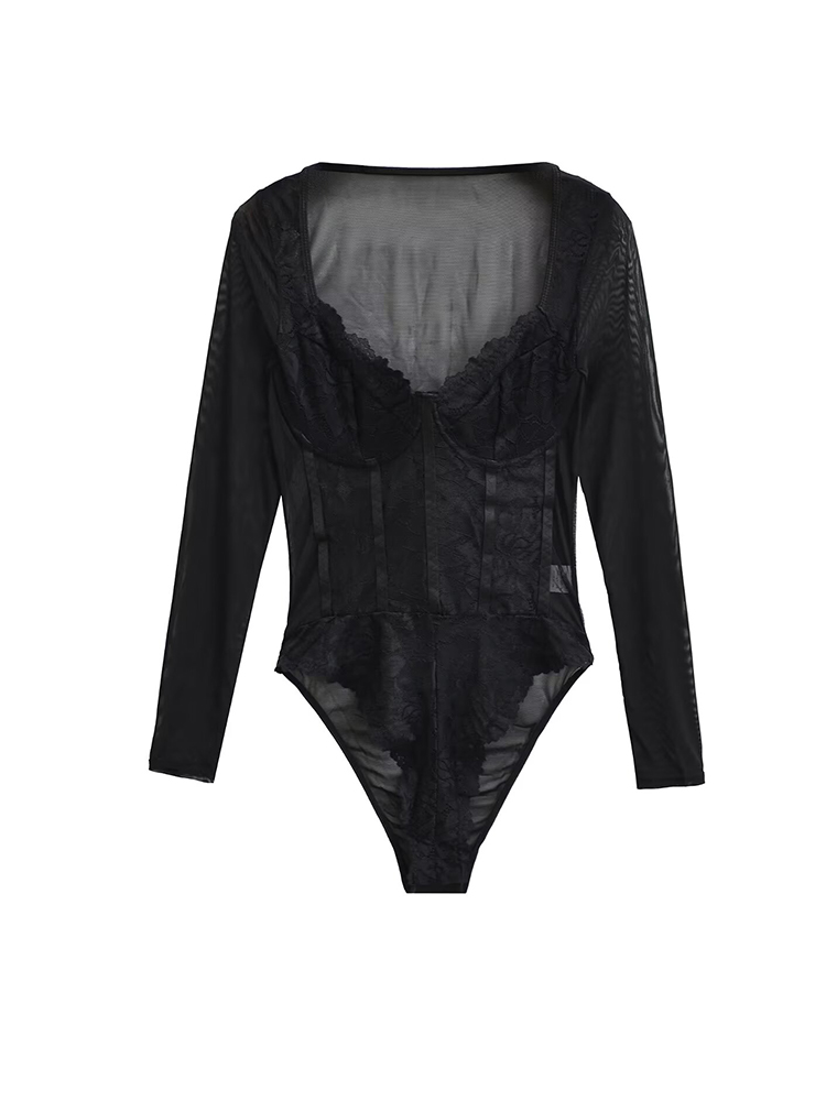 Women's Black Lace Bodysuit Sexy Sheer Mesh Stretchy Slim Long Sleeve Tops Jumpsuits