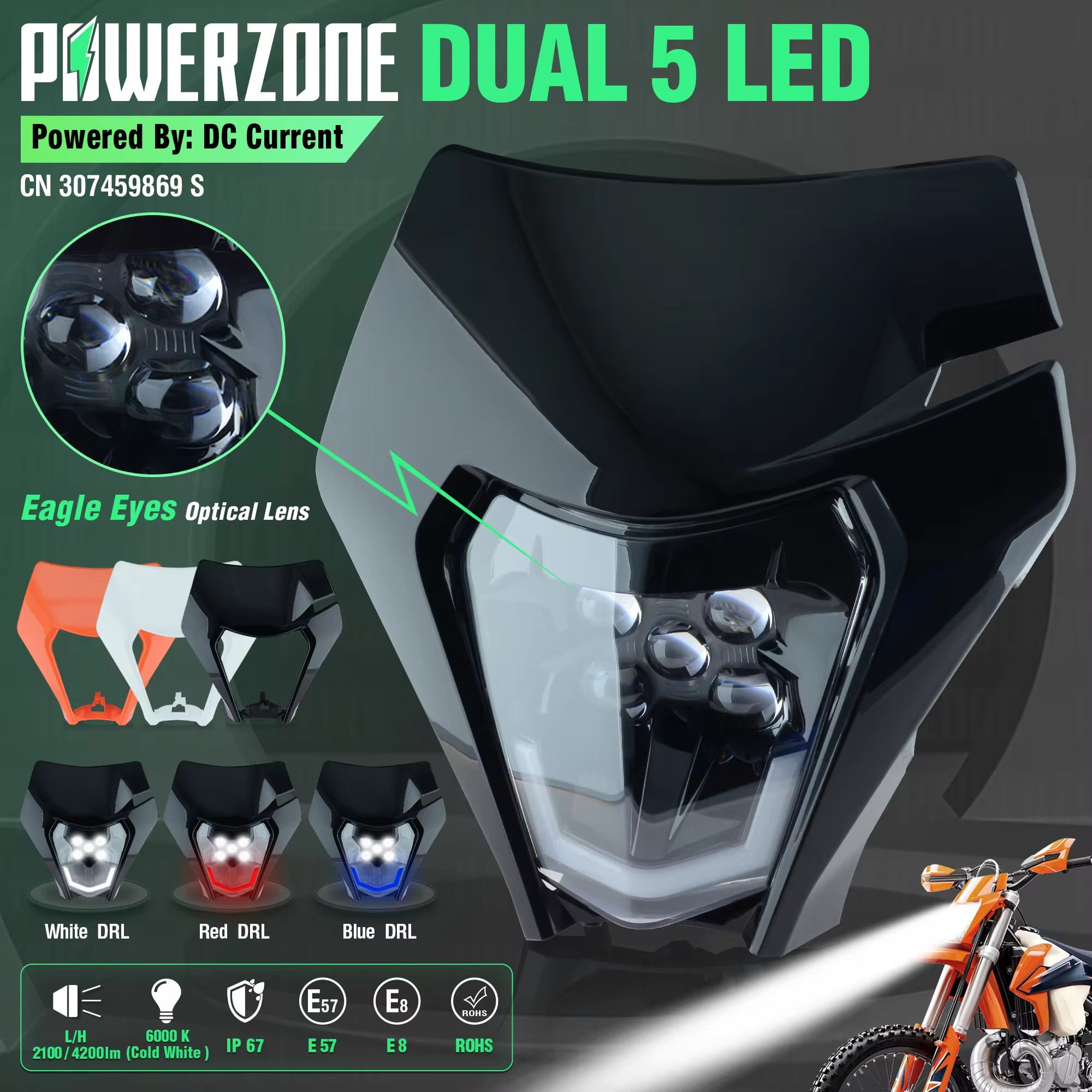 PowerZone オートバイのヘッドライトヘッドランプヘッドライトスーパーモトフェアリング KTM EXC SXF MX ダートバイクエンデューロヘッドライトブラック