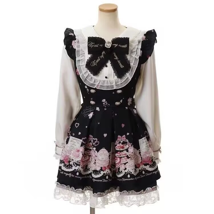 Japanese Kawaii Rhinestone Bow Dress Set Women Sweet Lolita Style Lace Pearl Cute Print Shirt  Y2k Dresses Gothic Party Dress