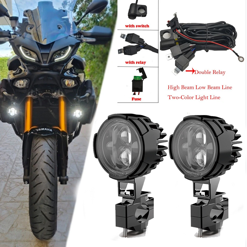 ペア 100W オートバイヘッドライトフォグランプ LED 補助ドライビングライトスポットライトヘッドランプデュアルカラーフラッシャーファロールモトフォグランプ。