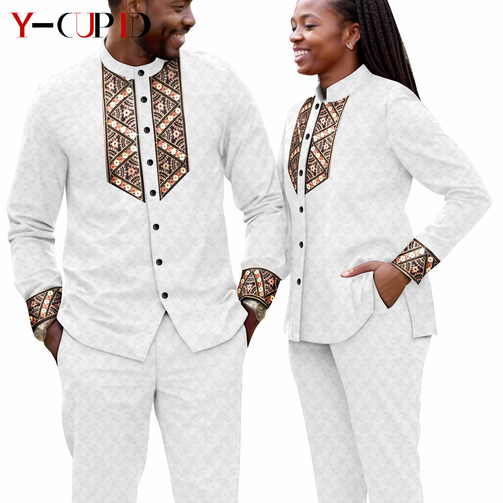 アフリカのカップルのマッチング服の結婚式 Dashiki 女性と男性のジャカードトップとパンツセットバザンリッシュ生き抜く Y23C116
