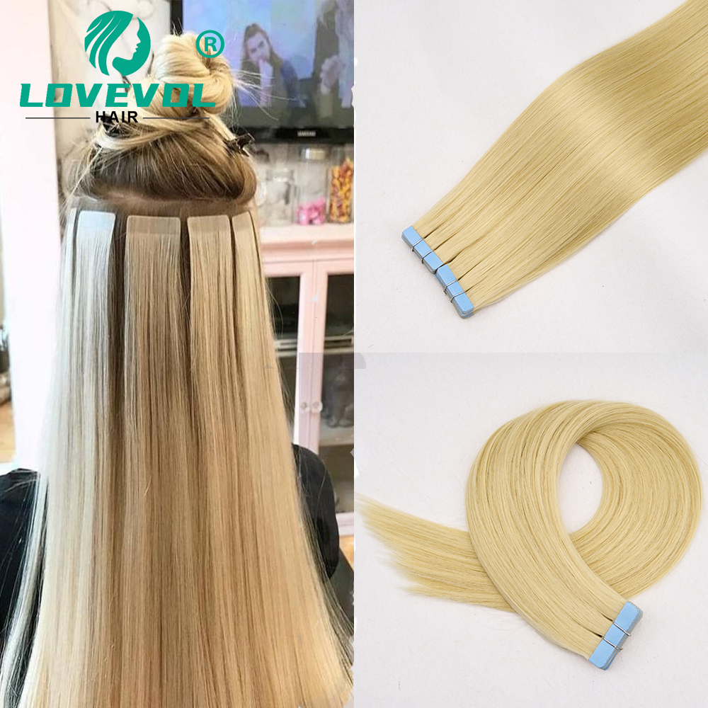 Lovevol テープ人毛エクステンションプラチナブロンドシルキーブラジリアンレミーヘア両面不可視 12A テープインバージンヘア