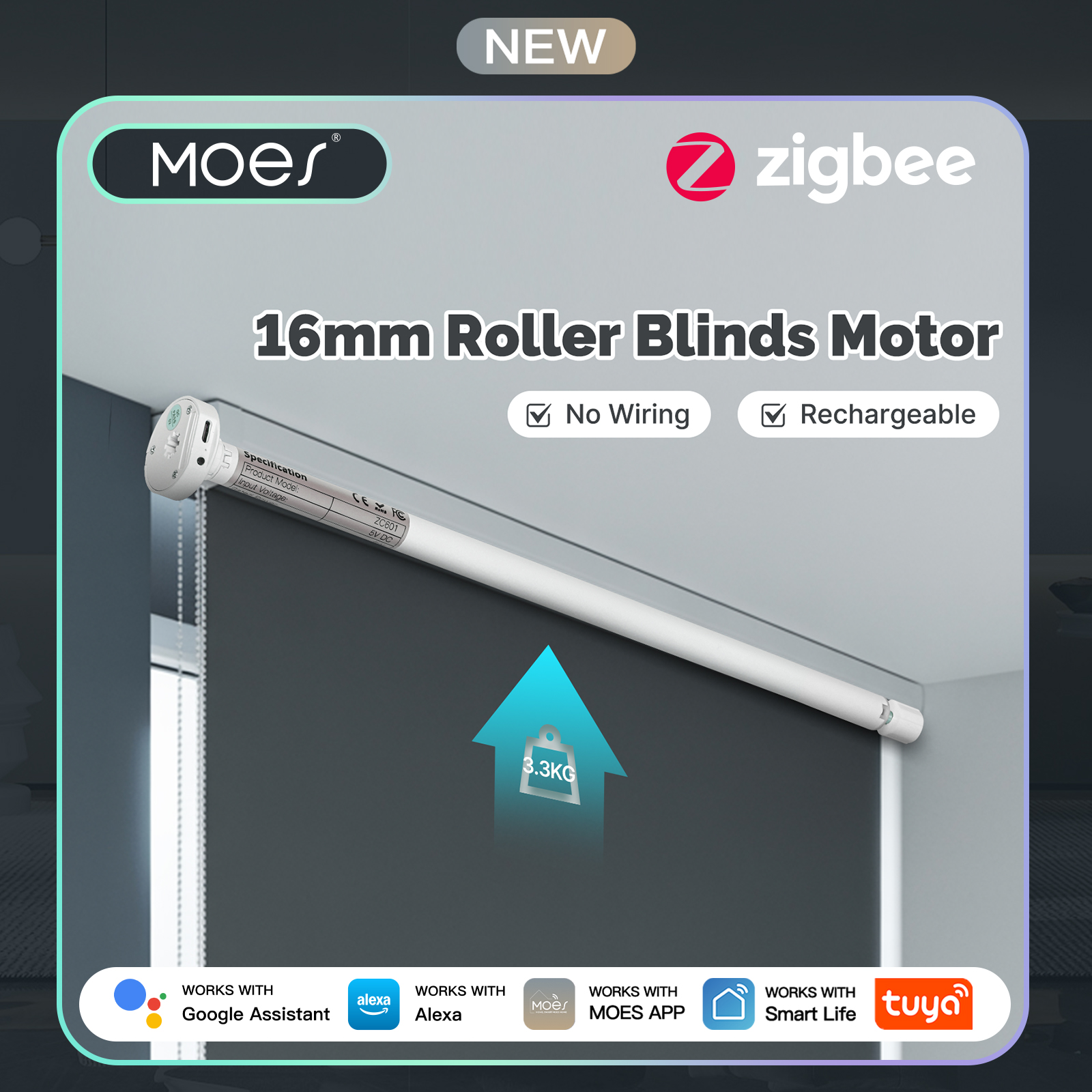 MOES Tuya Zigbee スマートローラーブラインドモーター 16 ミリメートル充電式ウィンドウシェードカーテン 17/25/28 ミリメートルチューブ作業 Alexa Google ホーム