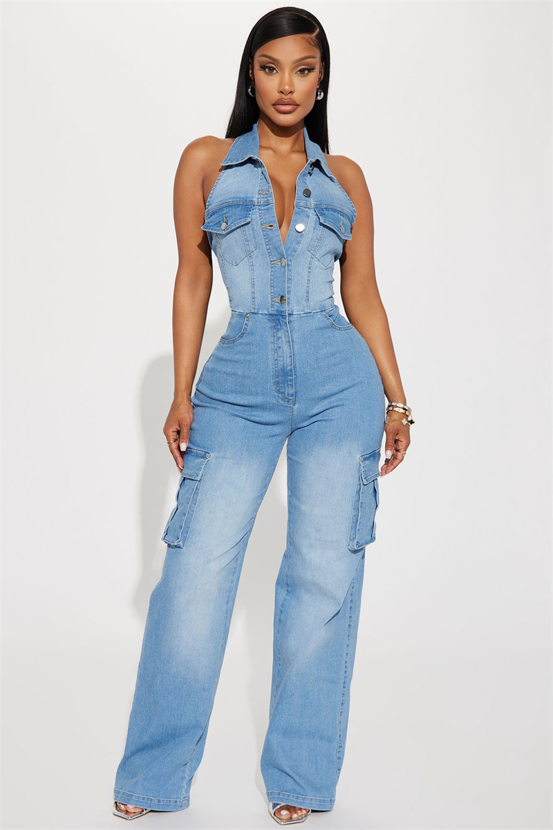 ファッションデニムカーゴジャンプスーツ夏服女性 2026 ノースリーブバックレスストレートジーンズロンパース & ロンパース & ワンピースオーバーオール