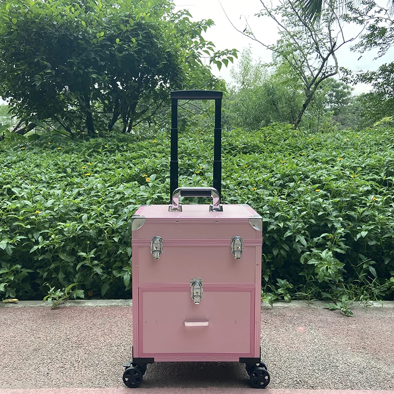 旅行美容化粧品オーガナイザー荷物ボックス ABS PC プロフェッショナルメイクアップスーツケースピンク大容量ホイールトロリーケース