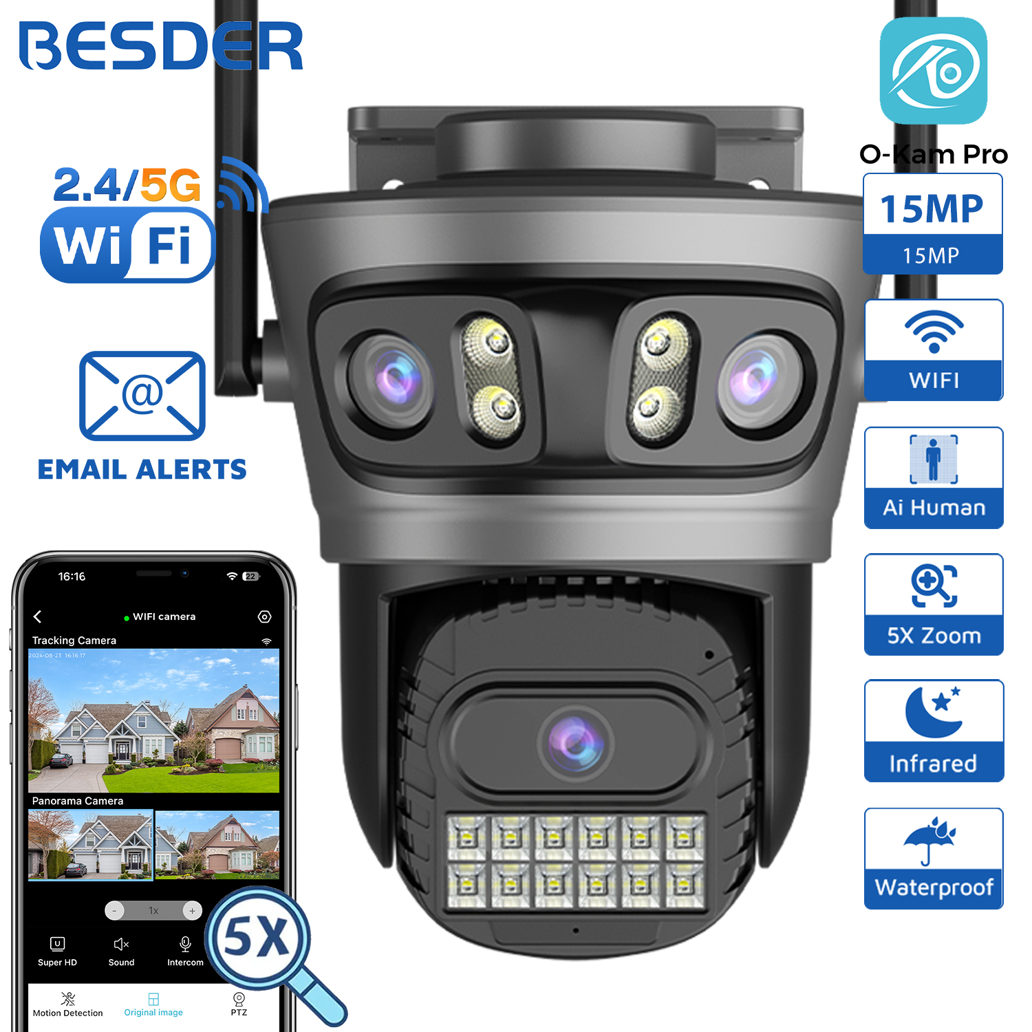 BESDER 15MP Wifi カメラ屋外自動追跡マルチスクリーン 5X デジタルズーム PTZ セキュリティ保護 CCTV 監視 O-Kam Pro