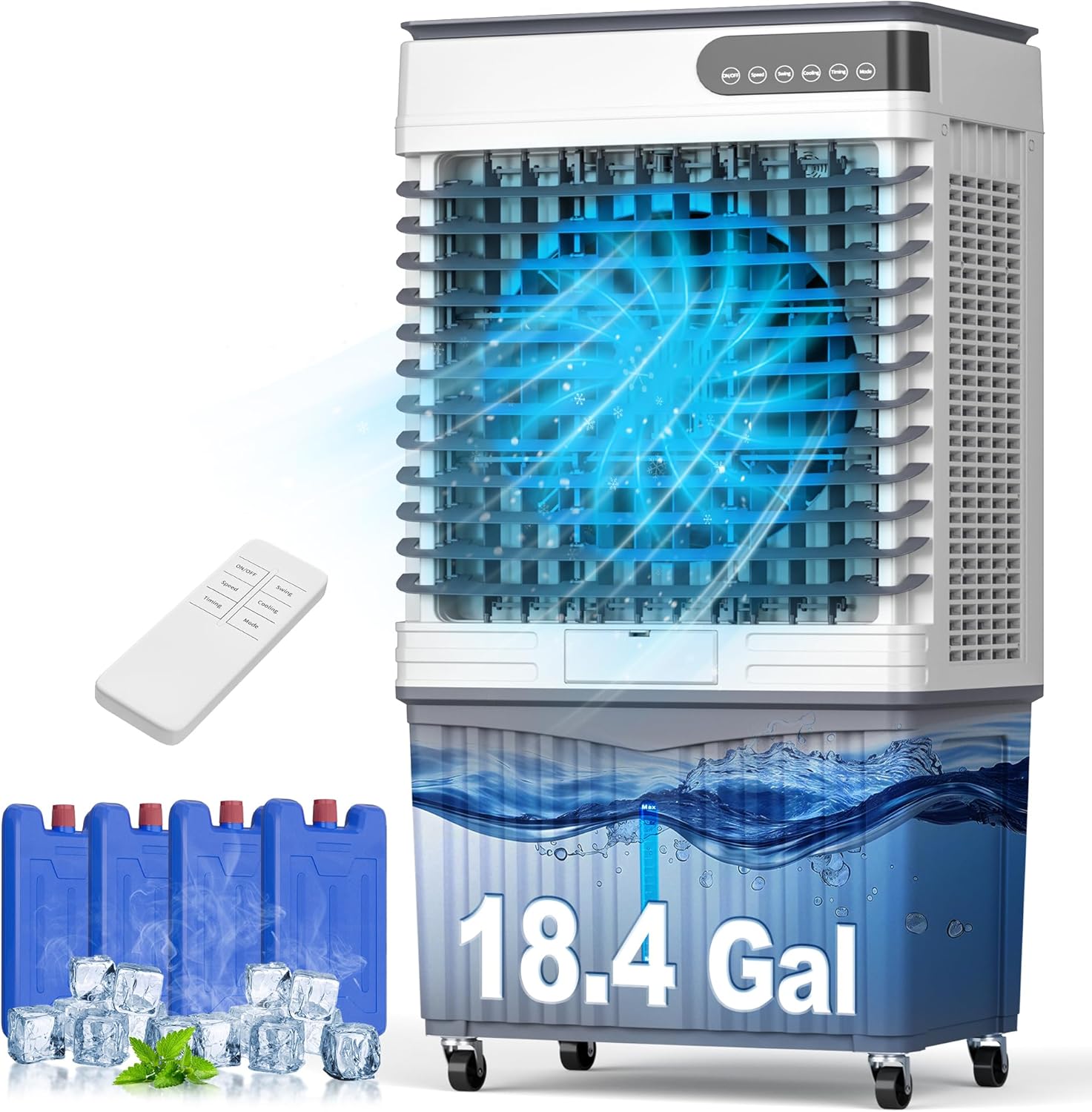 18.6 ガロン蒸発式空気クーラー、18.4 ガロン水タンク付き 4-in-1、アイスパック 4 個、リモコン、12 時間タイマー、120° 振動、3 速度