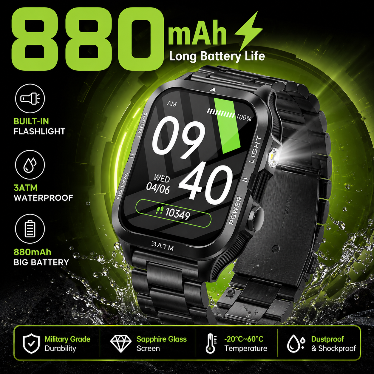 LIGE 屋外 1.96 "HD スクリーンスマートウォッチ MenSport 880mAh バッテリー Bluetooth 通話 LED 懐中電灯 3ATM 防水スマートウォッチ男性用