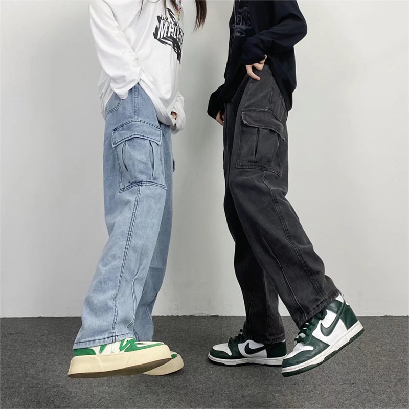 オーバーサイズストリートメンズだぶだぶのジーンズ Y2K カーゴワイドレッグパンツファッション原宿ヒップホップルーズストレート韓国秋デニムパンツ