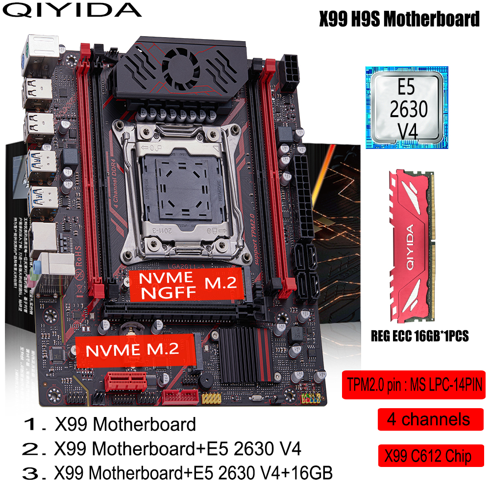 QIYIDA X99 H9S Motherboard Set Kit With LGA2011-3 Xeon E5 2630 V4 CPU DDR4 16GB memory NVME M.2 TPM 2.0 Interface SATA3