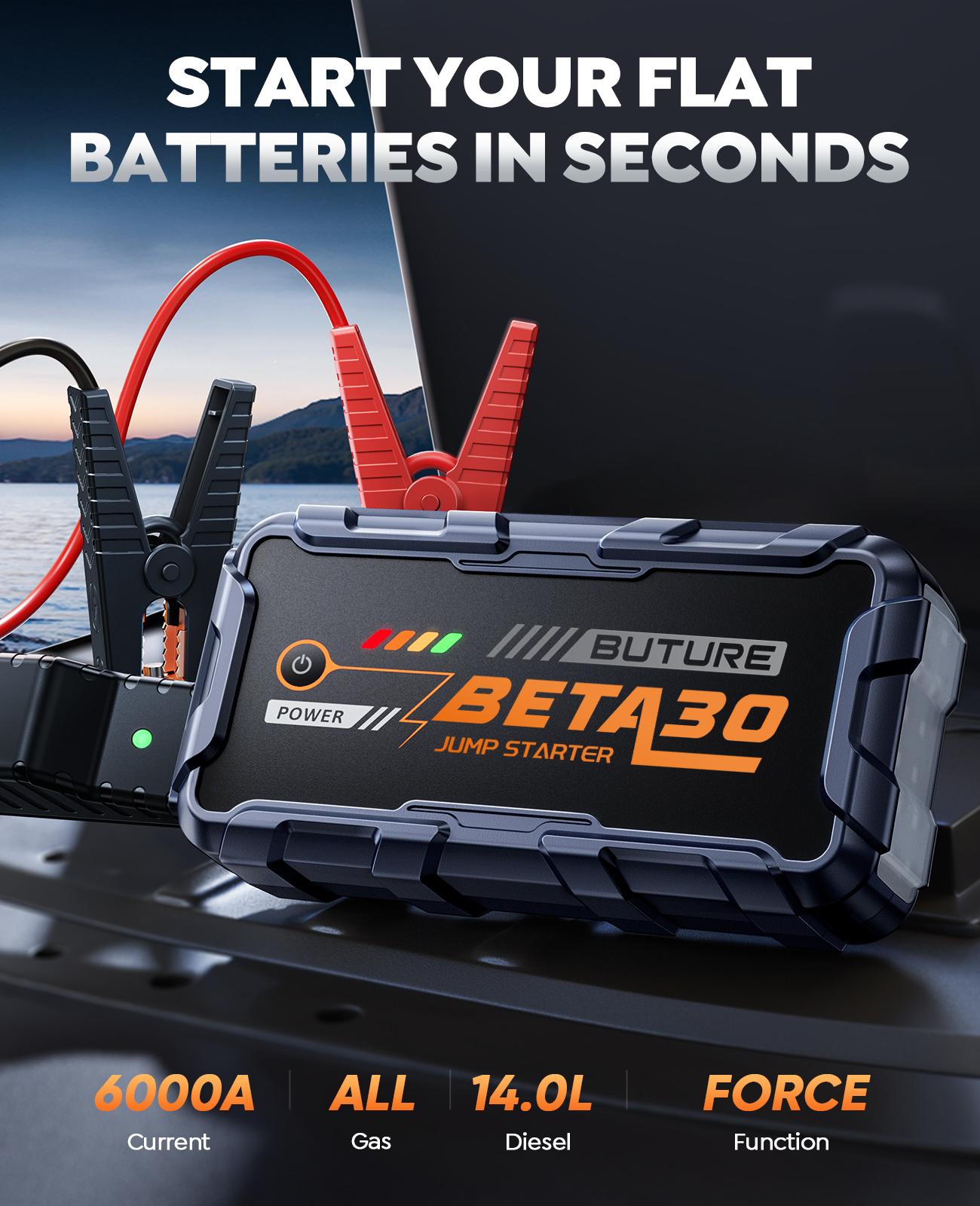 BUTURE 6000A 車のジャンプスターター電源銀行 18 ワットポータブルバッテリー 26800 mAh 車のバッテリー緊急ブースター BETA30