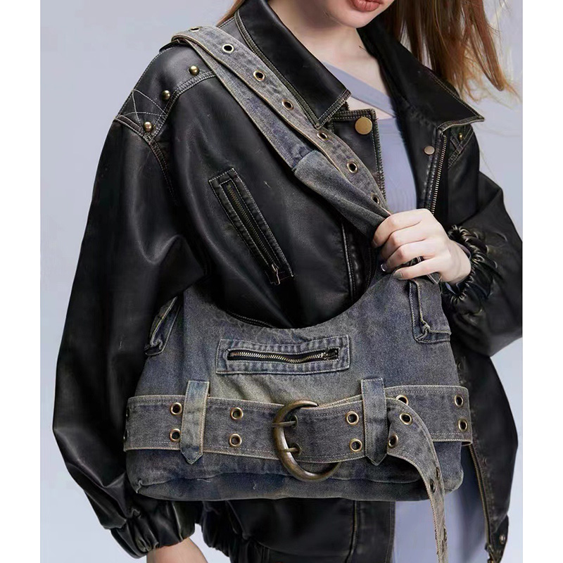 女性高品質多用途デニムハンドバッグ女性ニッチデザイン大容量ショルダーバッグ女の子シックなヴィンテージクロスボディバッグ