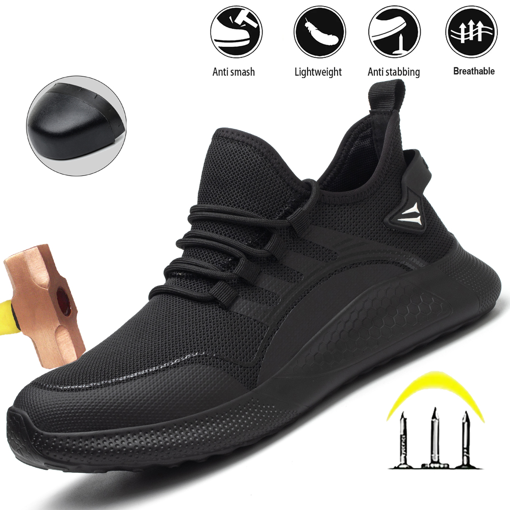 Men's Safety Shoes Anti- Crush Steel Toe Puncture Resistant Kevlar Lightweight Breathable Upper Slip-On Work Shoes