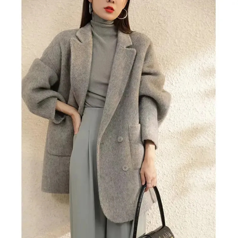 韓国ウールロングジャケットコートトップス冬レイパーダブルブレスト Abrigos カジュアル Chaquetas オーバーコートクラシック女性暖かい Casacos